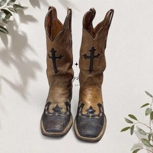 Black Jack Teju Lizard Cowboy Boots Brown Black Cross Star Western Size 6.5B